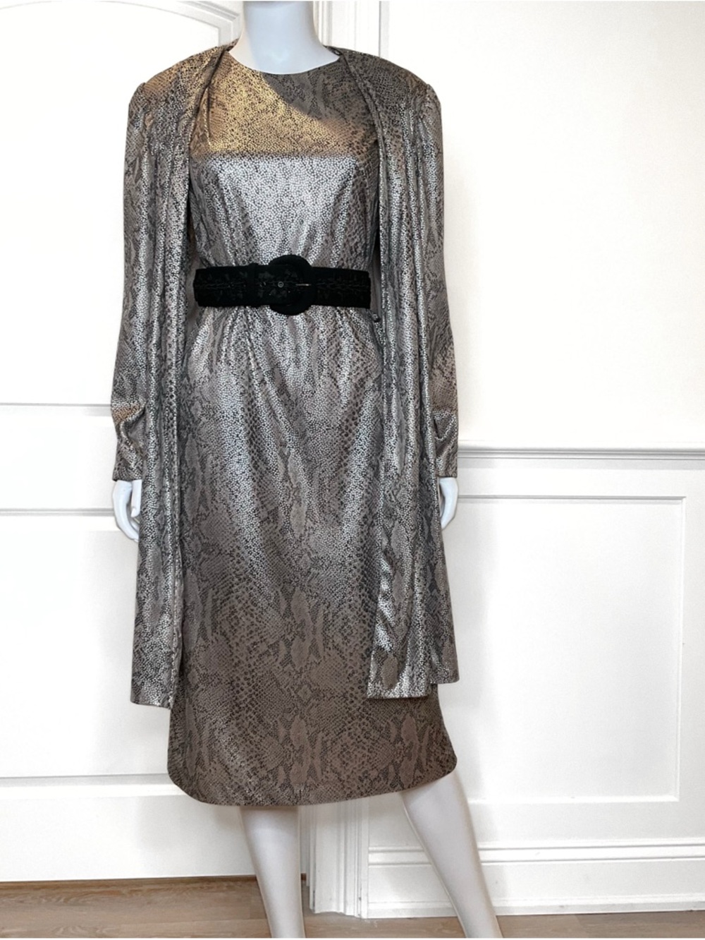 Vintage Patra 2PC Set Snake Print Texture Cardigan Dress Womens SZ M Statement